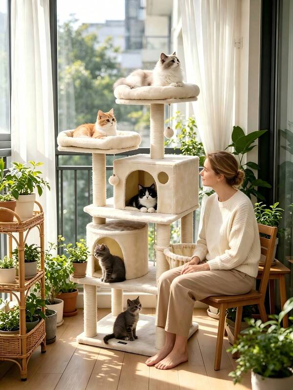 Multi‑Level Three‑Dimensional Cat Tree, Integrating Scratching, Sleeping And Playing Functions. Suitable For Multiple Cats To Share. Made Of Sturdy Materials To Create A Happy Exclusive Territory For Cats.