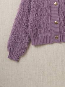 Korean-Style Plush Knit Cardigan – Soft Faux Fur Sweater For Autumn/Winter, Decorated With Fan-Shaped Lace And Pearl Buttons, Comfortable High-Neck Outerwear, Versatile For Daily Wear - Purple - View 8