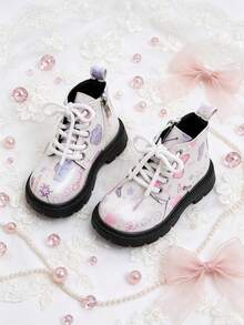 1 Pair Kids Cute Doodle Pattern Boots With Lace-Up And Side Zipper, Suitable For Holiday Parties, Daily Outings, School Commute, Autumn/Winter - Pink - View 5