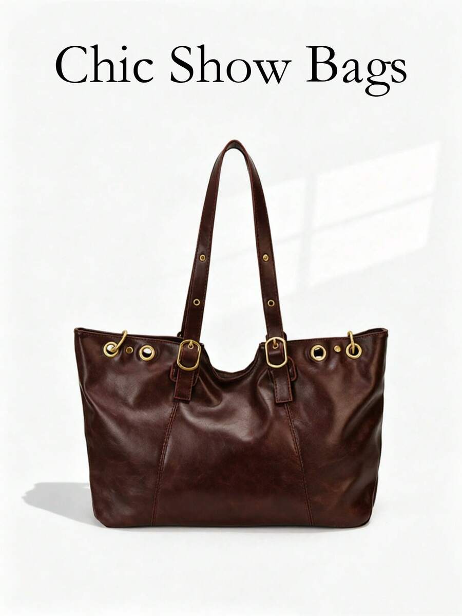 Women's Tote Bag, Vintage Faux Leather Shoulder Bag, Adjustable Strap, Gold Hardware, Large Capacity, Suitable For Commuting, Daily Shopping, Burgundy Red - Burgundy - View 1