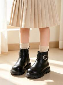 1 Pair Kids Heart Metal Buckle Decor Ankle Boots With Side Zipper Design, Simple Campus Style, Suitable For Outdoor Play, School Commute, Autumn/Winter - Black - View 2
