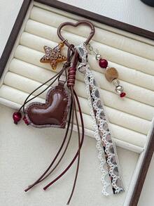 1pc Vintage Leather Heart-Shaped Bag Charm With Leopard Print, Star, Tassel And Beaded Keychain, Autumn/Winter Coffee Color - Multicolor - View 4