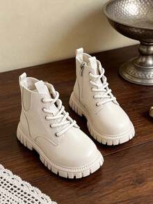 1 Pair Kids Classic Lace-Up Boots With Side Zipper For Easy On/Off, Leather Boots Suitable For Daily Wear, Casual Outings, School Commute, Autumn/Winter - Beige - View 7
