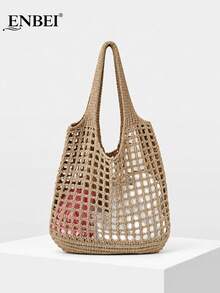 ENBEI Women's Knitted Shoulder Bag, Vintage Hollow Woven Large Capacity Floral Decor Handbag, Crochet Woven Bag, Perfect For Beach, Travel, Shopping And Vacation, Ideal Beach Accessory For Women - Khaki - View 2