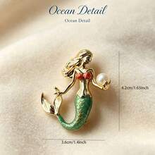 1pc Colorful Enamel Mermaid Faux Pearl Brooch, Elegant Ocean Theme Pin, Fashion Jewelry Gift For Women And Girls - Baby Blue - View 7