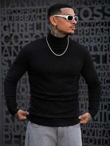 Sweater Olahraga Pria Nyaman dan Hangat dengan Lapisan Dalam, Kerah Tinggi, Potongan Ramping, Cocok untuk Aktivitas di Rumah dan Luar Ruangan, Bahan 100% Poliester - Hitam - View 2