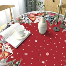 Christmas Red Round Fitted Tablecloth With Elastic Christmas Tree Snowflake Design Washable Winter Tablecloth For Kitchen Dining Party Picnic - Multicolor - View 6
