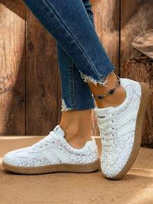 Women's Low-Top Sneakers, Lace-Up, Flat Design - Silver - View 7