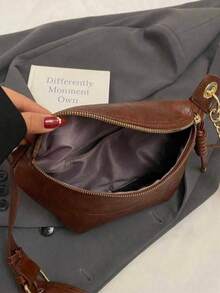 Women's Fashion Chain Chest Bag, PU Material, Zipper Closure Design, Portable Phone Bag, Waist Bag, Solid Color Minimalist Style, Crossbody Bag, Suitable For Shopping, Dating, Outings, Compact Size - Coffee Brown - View 4