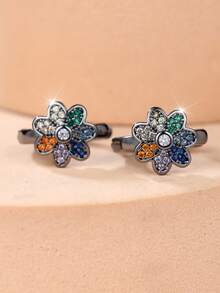 1 Pair Of Exquisite Inlayed Cubic Zirconia Flower-Design Women's Earrings-A Fresh, Eye-Catching Accessory For Everyday Outfits And A Perfect Gift - Gun Black - View 2