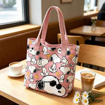 1pc Cute Snoopy Cartoon Pink Print Tote Bag, Large Capacity Canvas Shoulder Bag, Lightweight Shopping Bag, Women's Girls Portable Daily Commute Bag, Fashionable Handheld Lunch Bag, Suitable For School, Work, Travel, Supermarket Shopping Multi-Function Tote Bag, Cartoon Pattern Casual Handbag, Durable Outdoor Storage Handbag