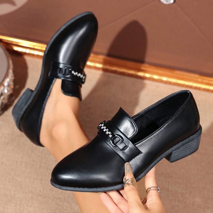 Rhinestone Chain Low Heel Loafers, Black Chunky Heel British Style Leather Shoes, Fashion Casual Office Wear, Student Commute Slip-On Rhinestone Loafers