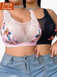 2pcs/Set Casual Comfortable Minimalist Plus Size Women's Bra, Printed Design With Lace Patchwork, Wireless Soft Comfortable Lingerie - Multicolor - View 1