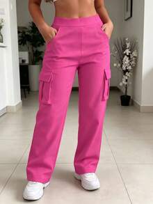 Women's Casual Plain Color Pocket Cargo Pants, Versatile Daily Wear, Spring/Autumn/Winter - Hot Pink - View 6