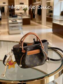 Vintage All-Over Pattern Decor Drawstring Cinch Design Zipper Inner Pocket Daily Dating Shopping Travel Bag Exquisite Atmosphere Handheld Crossbody Small Bag - Coffee - View 1