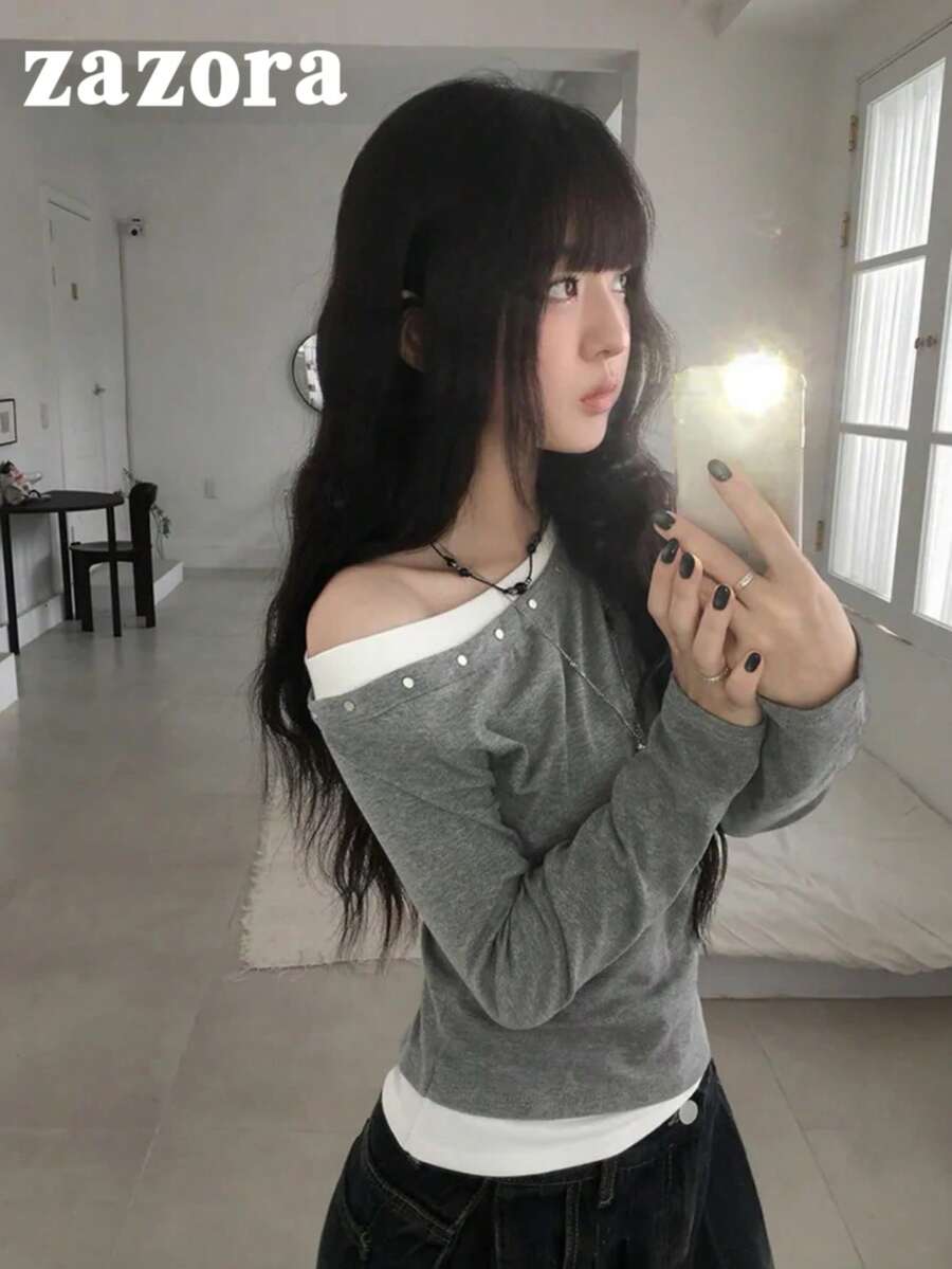 Desain Kontras Warna 2 In 1 Kaos Lengan Panjang Bahu Asimetris, Gaya Gadis Seksi yang Manis dan Keren, Atasan Serbaguna dengan Potongan Ramping - Abu-abu dan putih - View 1