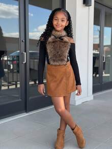 Tween Girls Halloween & Christmas Atmosphere 2 Pieces Set, Faux Fur Fuzzy Warm Cold Shoulder Long Sleeve Top With Suede A-Line Skirt Shorts - Mocha Brown - View 2