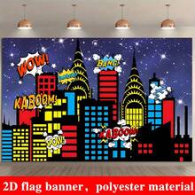2D Flat 1pc Superhero City Backdrop Boy Birthday Banner Urban Night Sky Glitter Starry Prosperous City Building Background Explosion Skyscraper Portrait Photo Studio Props - 1 - View 3