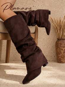 planare Women's Fashion Elegant Slip-On Pointed Toe Stiletto High Heel Ruched Shaft Boots, Loose Western Style Slim Straight Leg Black Tall Boots - Brown - View 7