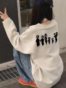 Women's Fashion Autumn/Winter Loose Versatile Letter Cartoon Print Long Sleeve T-Shirt Casual - Light Gray - View 5