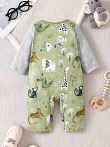 Baby 2-In-1 Faux Layered Overalls Romper, Cute Koala Jungle Animal Print Long Sleeve Infant Jumpsuit - Olive Green - View 3