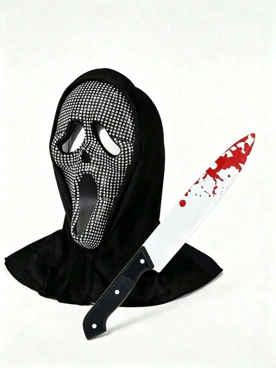 Water Drop Disco Scream Ghost Mask, Blood-Stained Knife Set, Costume Accessories, Party Glamour Outfit, Photography Props, Halloween Cosplay - Multicolor - View 1
