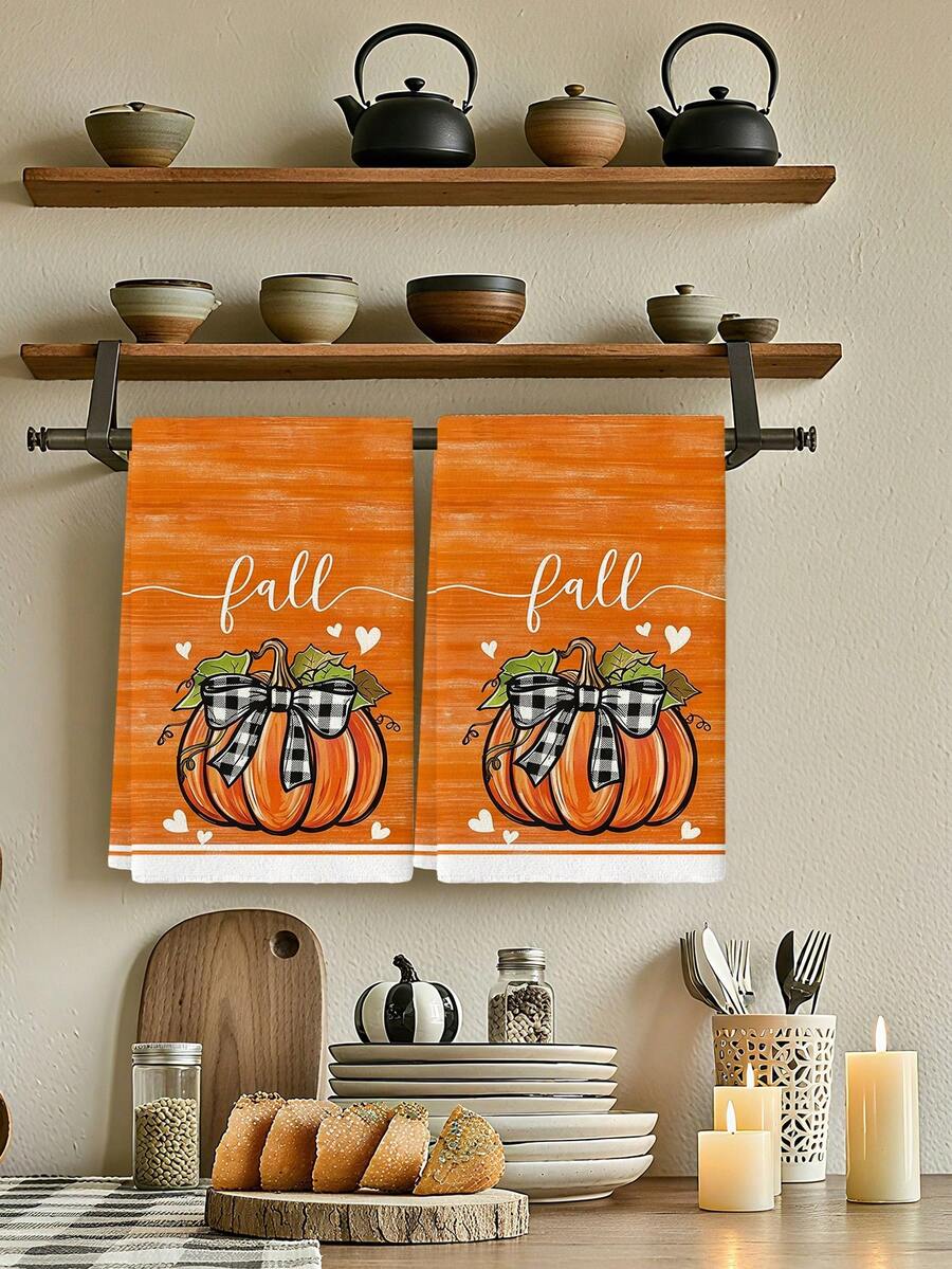 2Pcs Orange Wood Grain Fall Kitchen Towel Set, Buffalo Check Bow Pumpkin Heart Farmhouse Fall Thanksgiving Dish Hand Towels - Orange - View 1