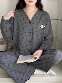 2pcs/Set Women's Pajamas Loungewear Set, V-Neck Cardigan Cute Panda Print Pattern Minimalist Long Sleeve Long Pants, Comfortable Home Style - Grey - View 6