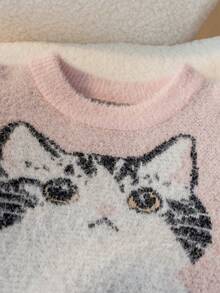 Girls Sweet Cute Cat Jacquard Round Neck Long Sleeve Sweater Knit Pullover Faux Mink Fur Casual Versatile Short Style Suitable For Daily Wear Campus Spring Autumn Winter - Pink - View 8