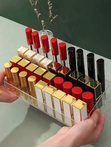 1pc/Lipstick Storage Box, Simple Transparent Plastic Multi-Grid Cosmetic Storage Box, Perfume Lipstick Organizer, Daily Dressing Table Skincare Sample Display Rack - Clear - View 3