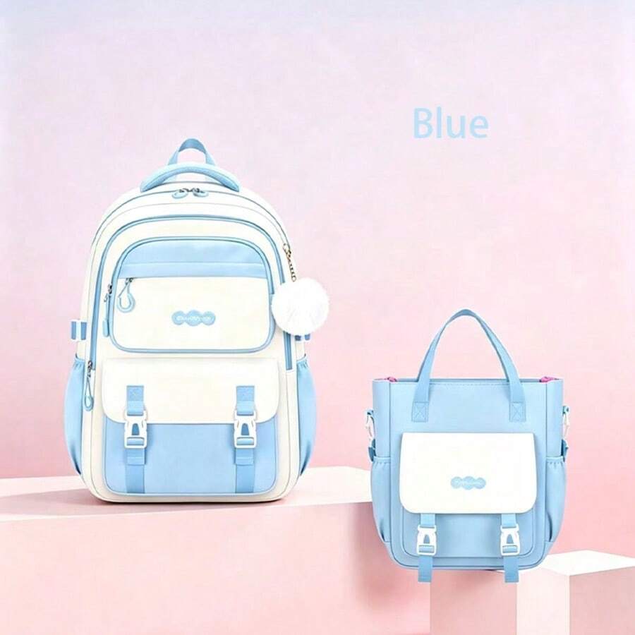 Juego de 2 piezas de mochila y bolso tote con bloques de color, gran capacidad, múltiples compartimentos, estilo coreano, versátil para campus y desplazamientos - Conjuntos - Ver 1
