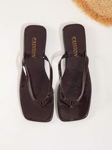 Spring/Summer New Women's Chocolate Brown Thong Sandals, Square Toe Flat Flip Flops, Casual Indoor/Outdoor Slippers - Glossy Chocolate - View 3