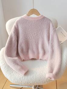 Girls Sweet Cute Cat Jacquard Round Neck Long Sleeve Sweater Knit Pullover Faux Mink Fur Casual Versatile Short Style Suitable For Daily Wear Campus Spring Autumn Winter - Pink - View 4