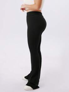 NcmRyu Women's 1pc Plus Size Solid Color Elastic High Waist Flare Pants, Autumn/Winter - Black - View 6