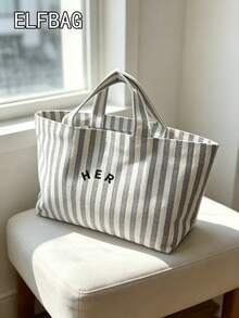 Casual Minimalist Letter Canvas Tote Bag, Striped Pattern Handbag, High Cost-Effective For Outdoor Shopping, Fashion Versatile Suitable For Moms, Students, Office Workers - Grey - View 3