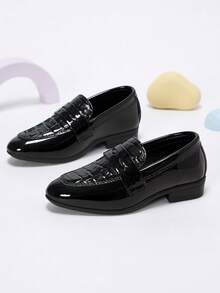 1 Pair Kids Black Crocodile Embossed Glossy Vintage Loafers, Suitable For Wedding Flower Girl, Performance Outfit Matching - Black - View 4