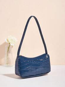 Glossy Crocodile Embossed Minimalist Shoulder Baguette Bag - Blue - View 3
