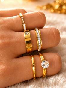5pcs Set Gold Stackable Fashionable Exquisite Rings, 18K Gold Plated 304 Stainless Steel, Rust-Proof Waterproof Hypoallergenic Delicate Lucky Stacked Jewelry, Birthday Valentine's Day Anniversary Gift For Her, Also Suitable For Daily Wear - Gold 4 - View 3