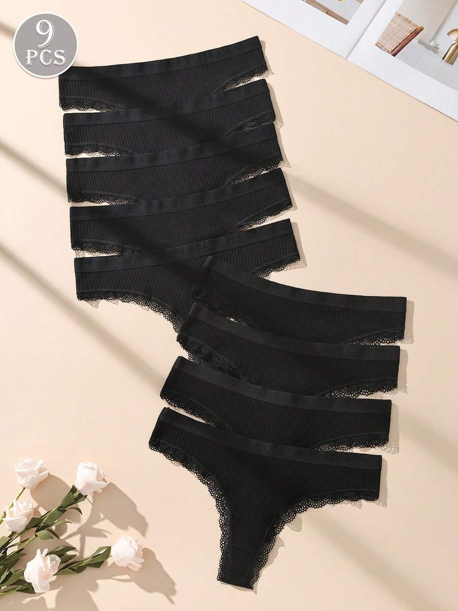 9pcs Black Lace Patchwork Ribbed Cotton Sexy Women's Thong - Black - View 1