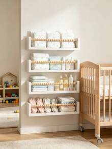 1/2/3/4pcs Kids Room Floating Shelves, Minimalist Design Wall-Mounted Storage Rack, Wall-Mounted Student Bookshelf, Children's Bookshelf, Picture Book Shelf, Kindergarten Bookshelf - White Board Wooden Beads - View 7