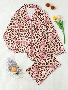 Teen Girls 2-Piece Leopard Print & Bow Print Collared Long Sleeve Top And Pants Pajama Set, Soft & Comfortable Autumn/Winter Home Casual Wear - Multicolor - View 1
