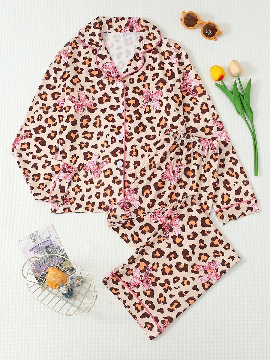 Teen Girls 2-Piece Leopard Print & Bow Print Collared Long Sleeve Top And Pants Pajama Set, Soft & Comfortable Autumn/Winter Home Casual Wear - Multicolor - View 1