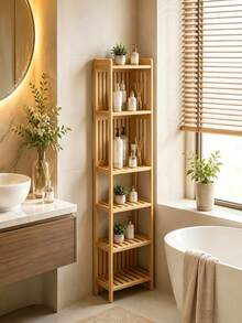 Five‑Tier Bamboo Storage Shelf With Hollow Breathable Shelves, Stable And Durable. Its Vertical Design Saves Space, Suitable For Bathrooms And Living Rooms. Multi‑Layer Partitioned Storage For Various Sundries. - Multicolor - View 1