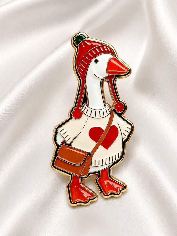 Broche de Ganso Pequeno para Camisola Quente e Felpuda de Natal, Chapéu Vermelho, Mala a Tiracolo, Broche de Animal de Desenho Animado para Camisa, Embalagem em Lona, Acessório Decorativo para Deslocações Diárias, Conjunto Divertido para