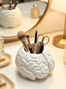 Novelty Brain‑Shaped Makeup Brush Holder, Creative Dual‑Grid Desktop Pen Cup, Vanity Cosmetic Eyebrow Brush Storage Box, Fun Halloween Decor Ornament, Office Stationery Sundries Organizer Bucket - Multicolor - View 7
