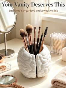 Novelty Brain‑Shaped Makeup Brush Holder, Creative Dual‑Grid Desktop Pen Cup, Vanity Cosmetic Eyebrow Brush Storage Box, Fun Halloween Decor Ornament, Office Stationery Sundries Organizer Bucket - Multicolor - View 4