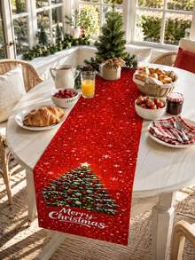 1PC Merry Christmas Linen Table Runner, Red Snowflake Christmas Tree Print Table Runner, Festive Farmhouse Dining Table Centerpiece Decor For Kitchen Dining Room, Xmas Party, Holiday Dinner, Winter Seasonal Home Decoration - Multicolor - View 7