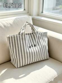 Casual Minimalist Letter Canvas Tote Bag, Striped Pattern Handbag, High Cost-Effective For Outdoor Shopping, Fashion Versatile Suitable For Moms, Students, Office Workers - Grey - View 4