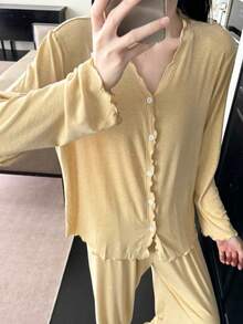 Women's Spring/Autumn Frill Trim Long Sleeve Long Pants Casual Loose 2 Pieces Loungewear Set, Suitable For Outdoor Wear - Yellow - View 5