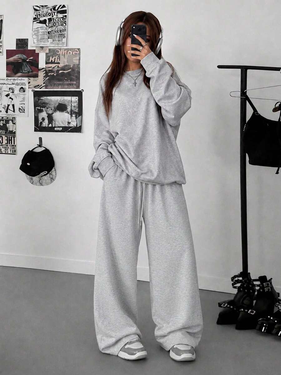 Women's New Autumn/Winter Loose Simple Solid Color Top And Wide-Leg Pants Daily Casual Versatile Crew Neck Sweatshirt And Sweatpants Two Pieces Set - Grey - View 1